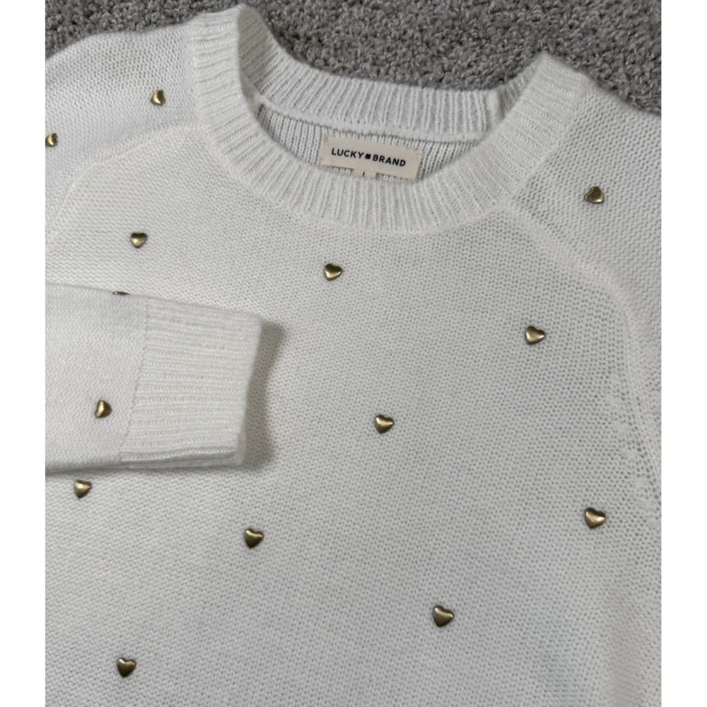 Lucky Brand Women's Gold‎ Heart Stud Cream Sweater All Over Large